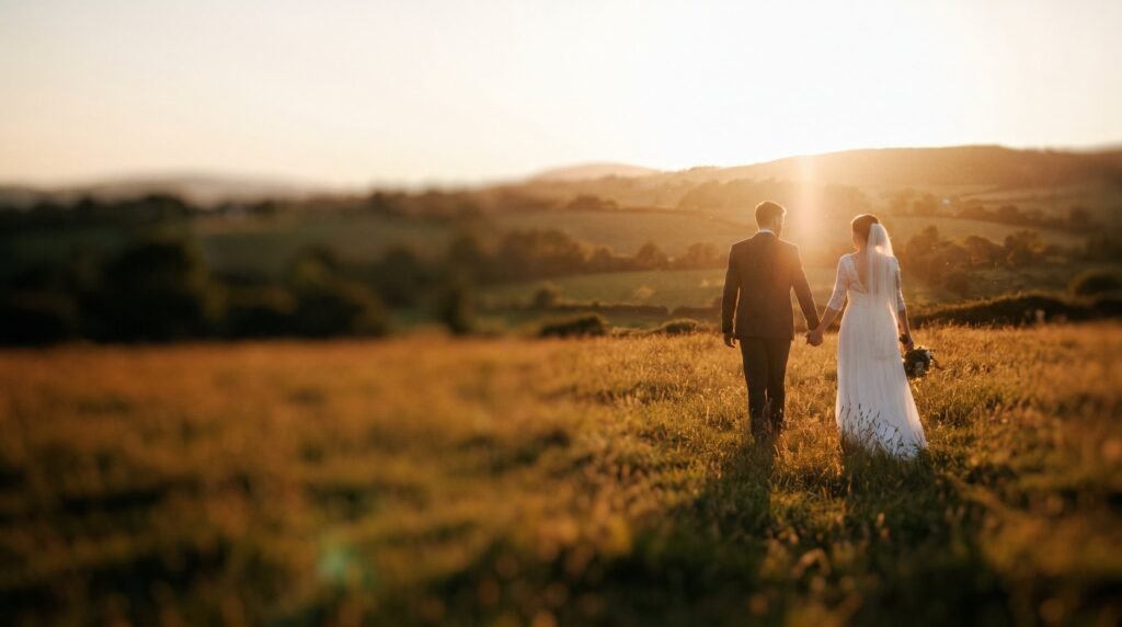 Bride and groom walking through a meadow at golden hour