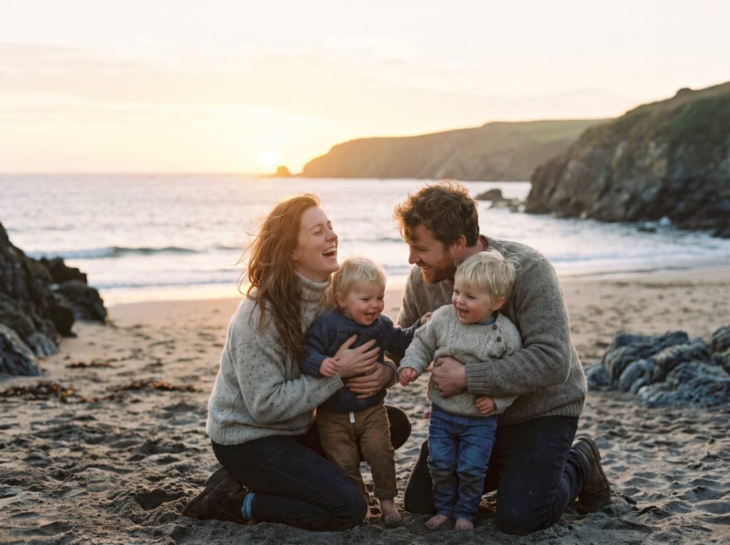 Family portrait on a beach at sunset