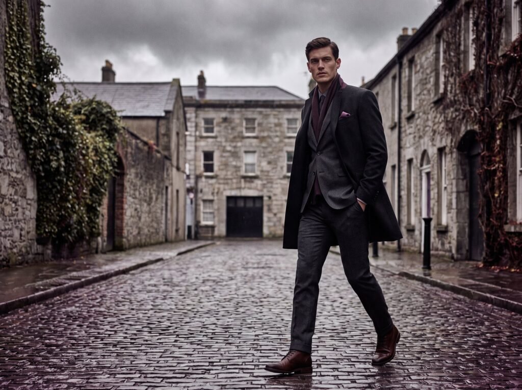 Male model in a charcoal suit on a cobbled street