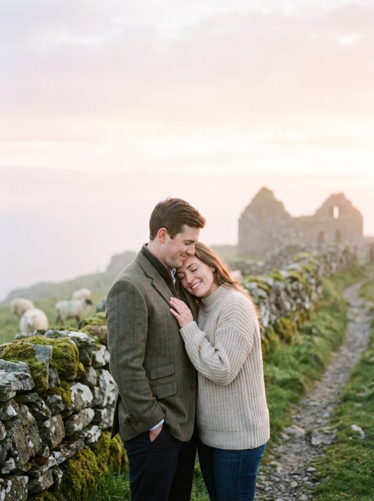 Couple on a misty cliff path at sunrise